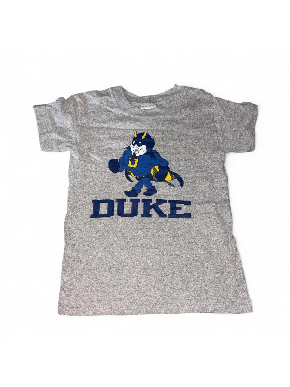 Gray Duke University Kids T-Shirt with Blue and Yellow Mascot Graphic, Very Good